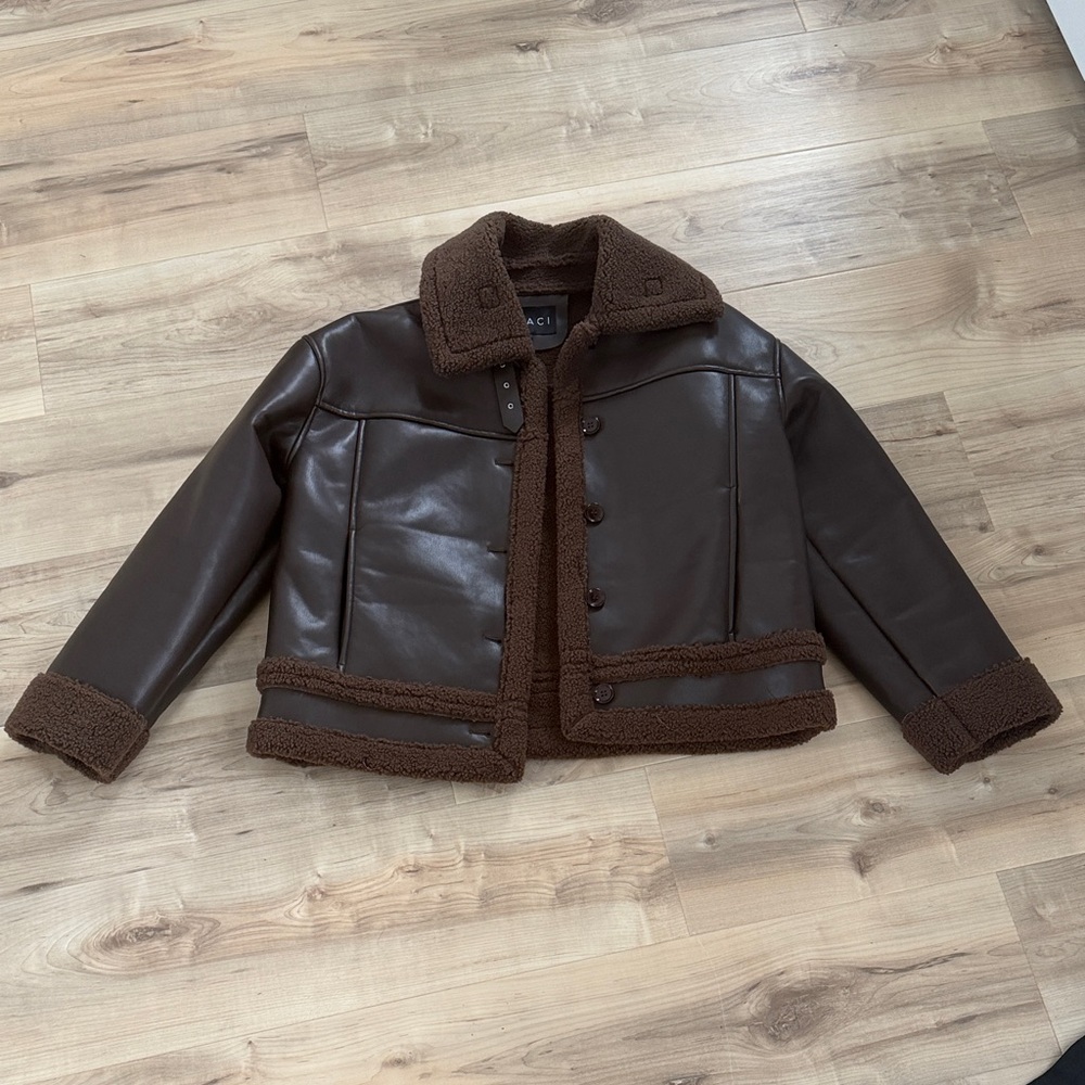 Brown Faux Leather Jacket with Shearling Trim